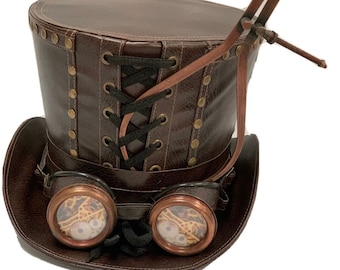 Steampunk brown tophat with studding rustic  goggles and tool. Whitby festival hat