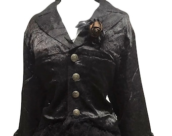 Women's Black Brocade Steampunk Tail Jacket with Lace Trim and Corseted Back