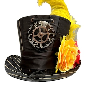 Dramatic Top Hat Steampunk Gothic Victorian  Black TopHat with  Flowers , and large  feather 59cm