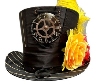Dramatic Top Hat Steampunk Gothic Victorian  Black TopHat with  Flowers , and large  feather 59cm