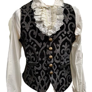 Waistcoat Steampunk /Victorian gothic tapestry fitted black / grey waistcoat ,0ff white Pirate  and pin M 42 chest