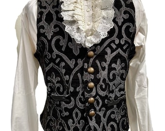 Men’s vest Waistcoat Steampunk /Victorian gothic tapestry fitted black / grey waistcoat ,0ff white Pirate  M 42 chest