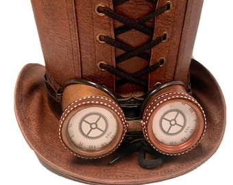 Top hat Steampunk Whitby brown rustic top hat with hand crafted goggles size 60cm