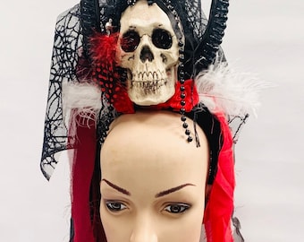Burning man head warrior  head dress with skull