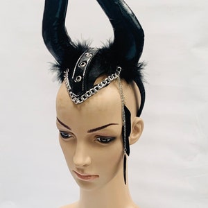 Pvc devil horn / fantasy head dress with chain and feathers burning man / Halloween / festival gothic/ cosplay