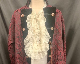 Chaqueta gótica vintage Raven steampunk gótica de brocado rojo para hombre, chaqueta larga con camisa a juego.