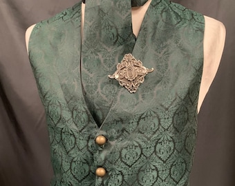 Steampunk Vest Gothic Green brocade waistcoat ensemble with cravat and pin ML 44/46chest