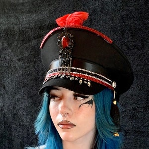 Raven clothing Gothic priestess black captain hat with red jewel 59cm