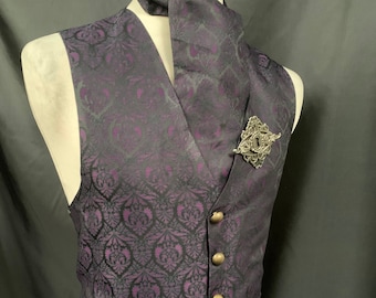 Steampunk gótico púrpura brocado chaleco conjunto corbata y alfiler ML 44/46"
