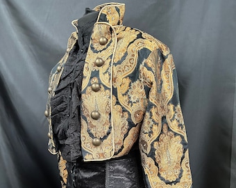 Jacket short Bolero,blouse , brooch women’s Steampunk Brocade Vintage Black copper regal sizes SM/ ML