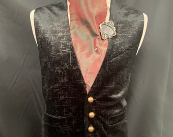 Chaleco negro para hombre, ropa gótica Steampunk, chaleco negro para hombre, corbata/brocheta, conjunto de 44 cm de pecho.