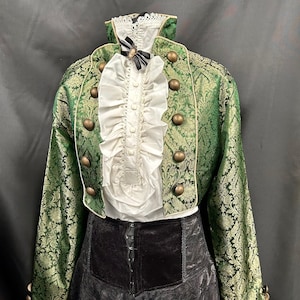Short Jacket , Bolero style ,blouse , brooch women’s Steampunk  green Brocade Vintage regal SM / ML