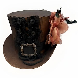 Top Hat Steampunk Gothic Victorian  Brown Tafeta TopHat with flower feathers and trim 59cm