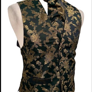 Steampunk gothic dark green  and gold brocade waistcoat/ cravat