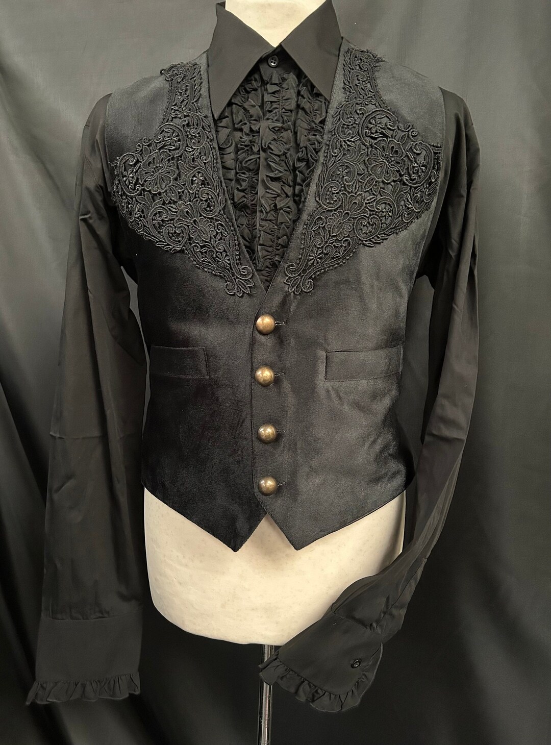 Mens Gothic Waistcoat Vest Black Velvet Embroidered Steampunk Vampire