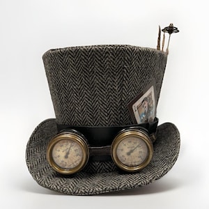 Steampunk tweed tophat with handmade goggles and hat pins 58cm