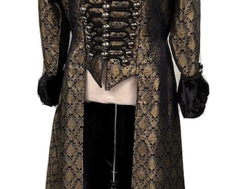 Chaqueta larga de brocado estilo steampunk gótico vintage Raven, color negro y dorado antiguo, talla M