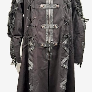 Men’s jacket long Black matrix heavy cotton long cyber steampunk / gothic jacket with metal trim. One size