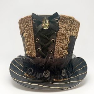 Top Hat Steampunk Gothic Victorian  regal black gold striped  Tafeta TopHat with antique trim 60cm