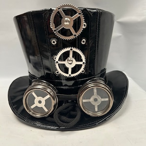 Halloween steampunk / gothic zwarte hoge hoed van pvc 59 cm tandwiel en metalen bril met tandwielen