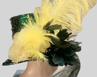 Hat top hat Tophat Steampunk hat gothic top hat  hat with feather  green black lace top-hat with large feather, flowers and  trail 59cm