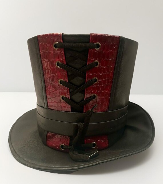 Top Hat Steampunk Gothic Victorian Black/red Leatherette  display picture 3