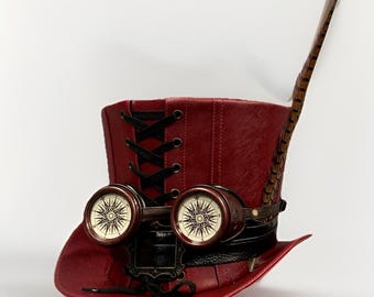 Mörkröd Steampunk Cylinderhatt med Handgjorda Glasögon (60 cm)
