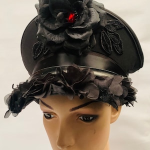 Captain hat Black steampunk gothic captain hat with black rose detail size 58cm