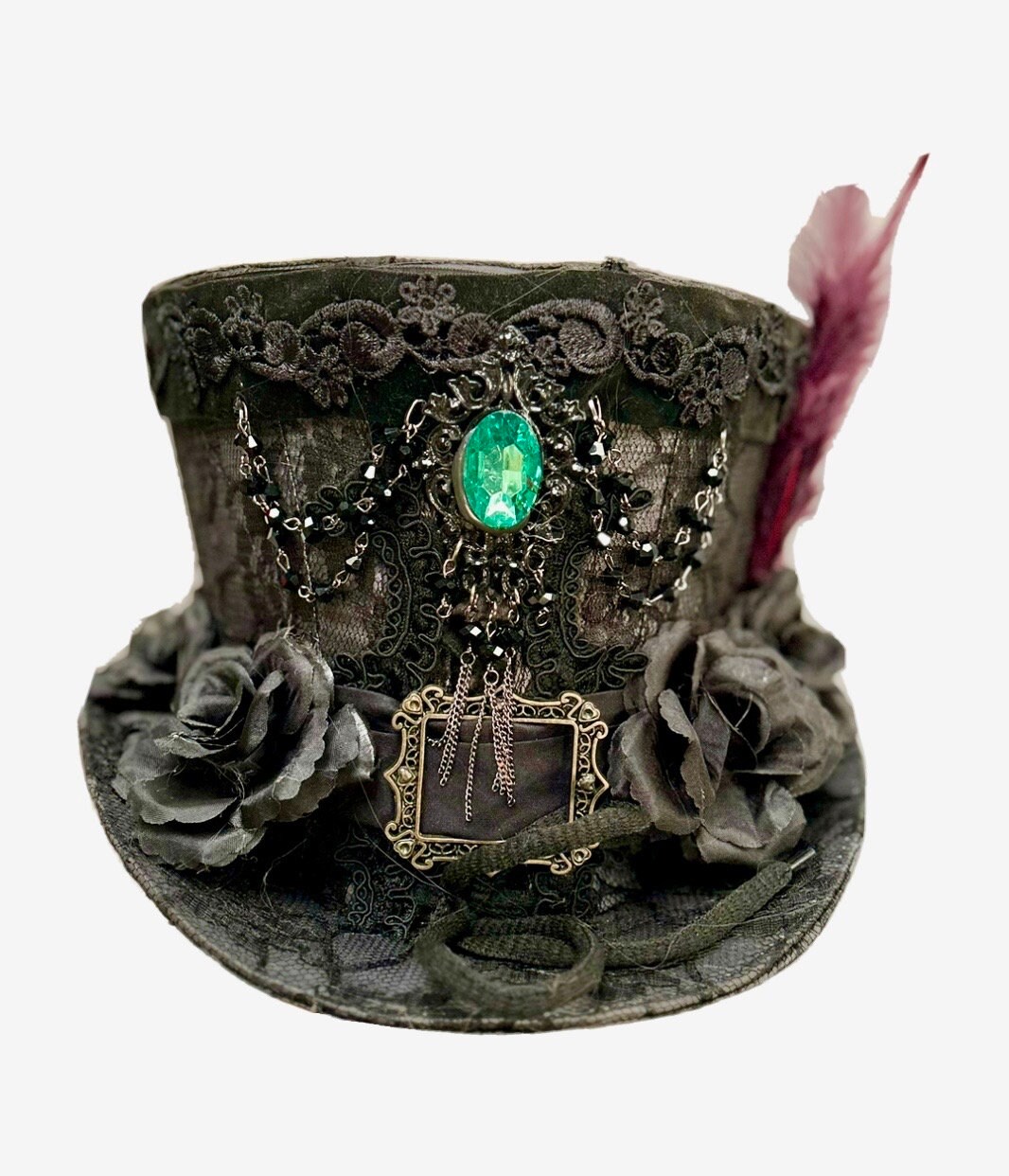 Steampunk Gothic Gunmetal Grey/ Black Lace Tophat With Black Rose