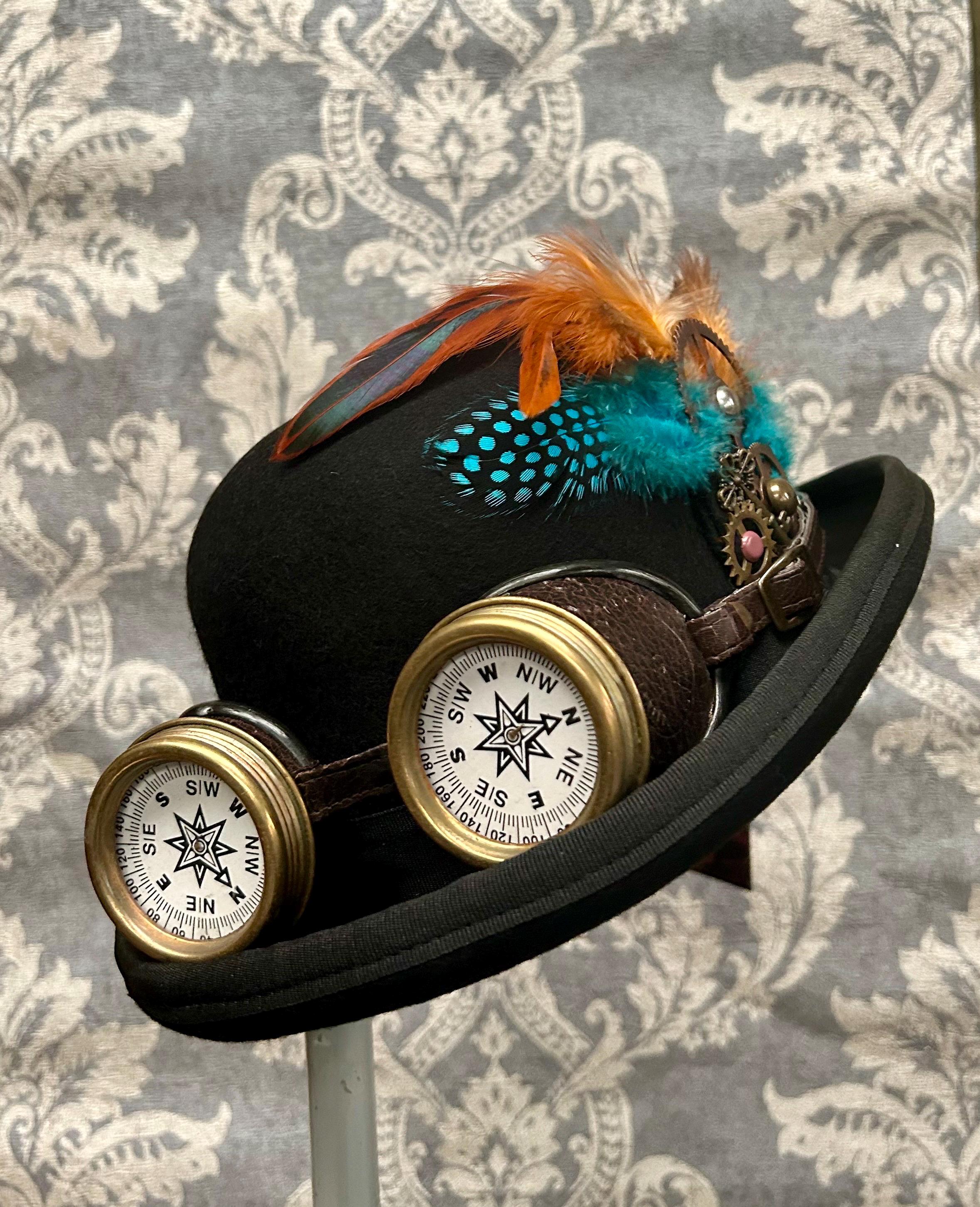 Bowler hat black woolen with hand crafted steampunk goggles 59cm