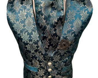 Men vest Steampunk VIctorian gothic brocade waistcoat / cravat / pin ensemble