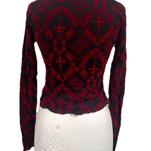 Vintage Raven Gothic Crop Top: Red & Black Flock Mesh (Size SM) image 3