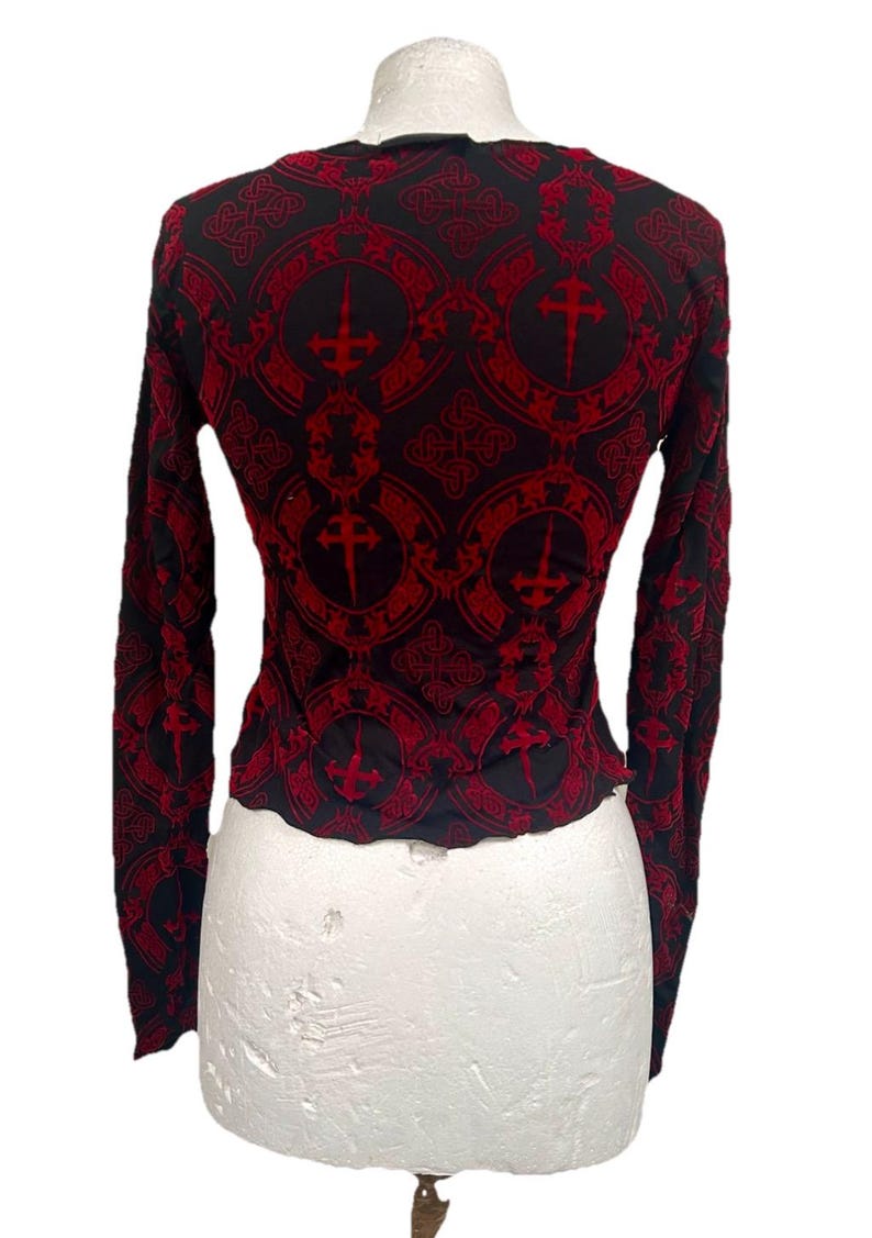 Vintage Raven Gothic Crop Top: Red & Black Flock Mesh (Size SM) image 3