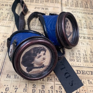 Goggles Steampunk blue embossed metal goggles with cameo