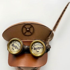 Captain hat Steampunk gothic Brown captain hat with hand crafted metal  goggles  59 cm