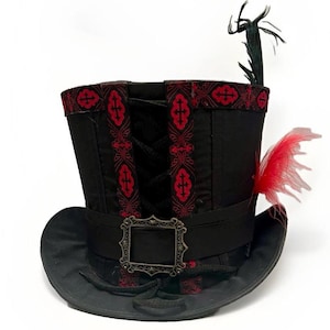 Top Hat Steampunk Gothic Victorian  Black Tafeta TopHat with Red trim and feather 60 cm