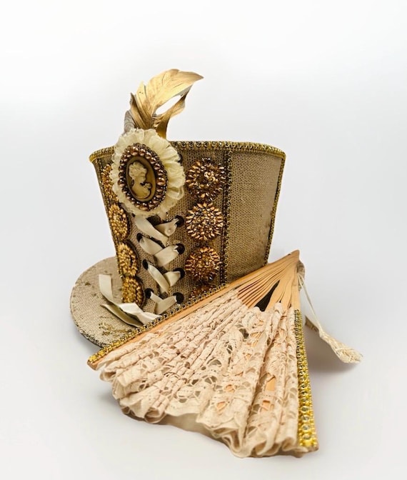 Steampunk Top Hat with Cameo & Lace Hand Fan, Size 57cm