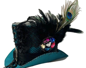 Steampunk / Gothic jade top-hat with black trim/ feathers  58cm festival hat