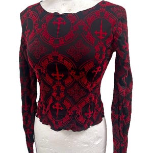 Vintage Raven Gothic Crop Top: Red & Black Flock Mesh (Size SM) image 1