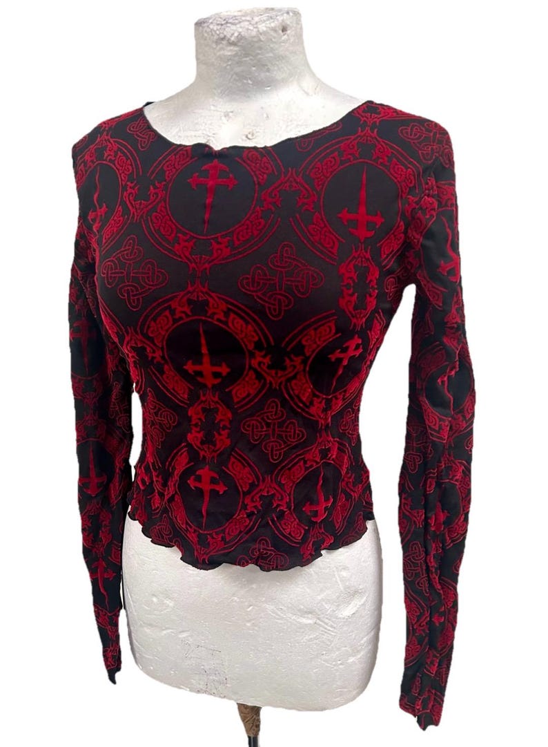 Vintage Raven Gothic Crop Top: Red & Black Flock Mesh (Size SM) image 1