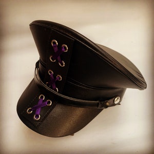 Steampunk gothic leatherette military style hat with purple corset detail 59cm M