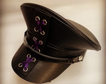 Steampunk gothic leatherette military style hat with purple corset detail 59cm M