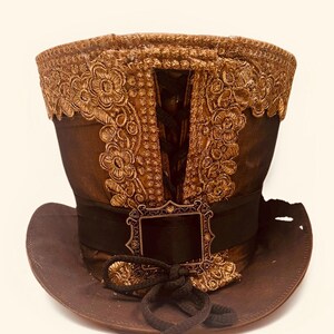 Top Hat Steampunk Gothic Victorian  regal copper Tafeta TopHat with antique trim 59cm