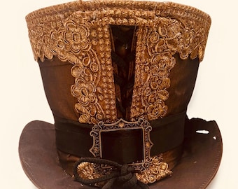 Top Hat Steampunk Gothic Victorian  regal copper Tafeta TopHat with antique trim 59cm
