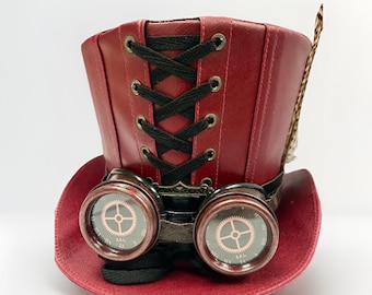 Mörkröd hög hatt SDL gotisk steampunk svart hög hatt med handgjorda skyddsglasögon 59 cm