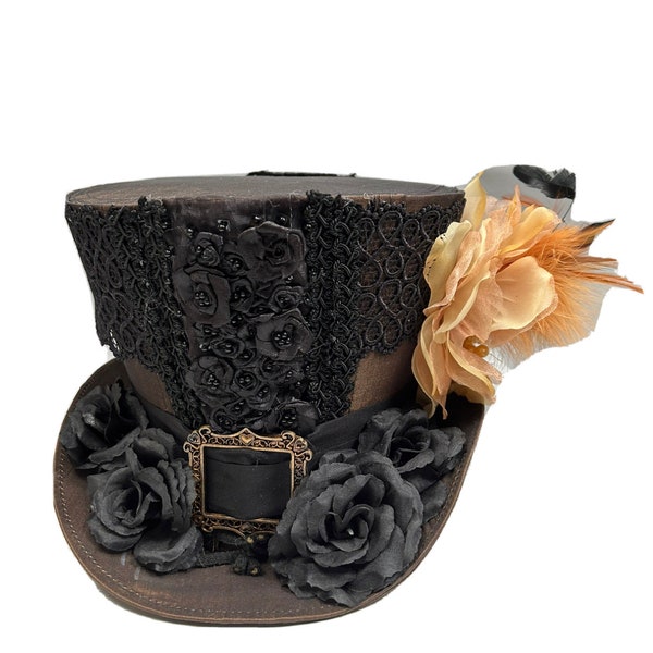 Top Hat Vintage Steampunk Victorian Gothic Copper Brown Taffeta Top Hat with rose decoration and feathers size 59 cm