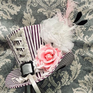 Top hat Steampunk pinstripe tea party top hat with flowers and feathers size 59cm