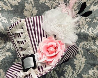 Top hat Steampunk pinstripe tea party top hat with flowers and feathers size 59cm