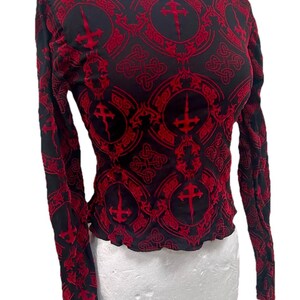 Vintage Raven Gothic Crop Top: Red & Black Flock Mesh (Size SM) image 4