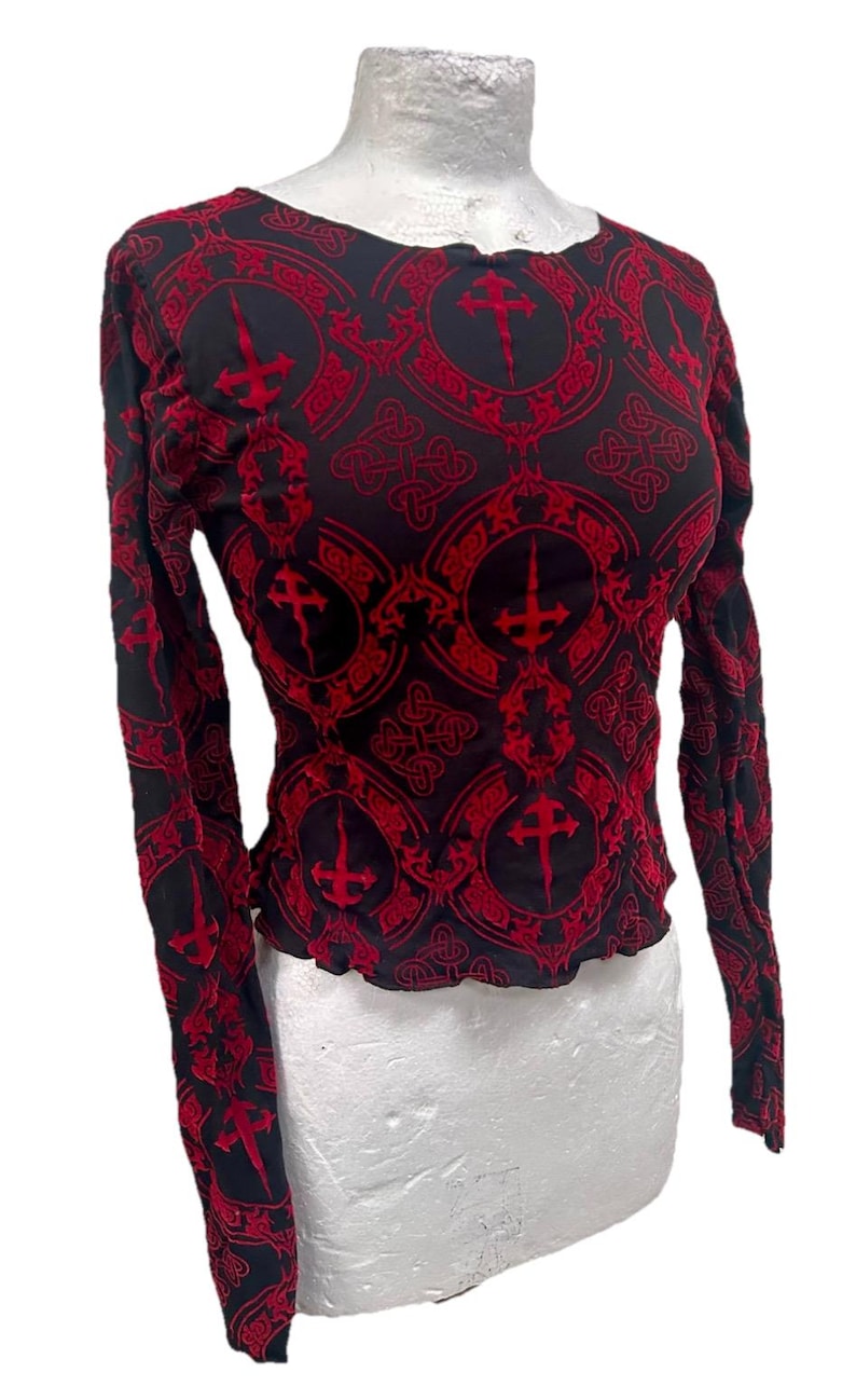 Vintage Raven Gothic Crop Top: Red & Black Flock Mesh (Size SM) image 4